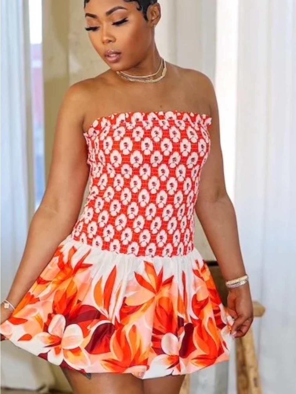 Strapless Floral Smocked Mini Dress in Coral & White